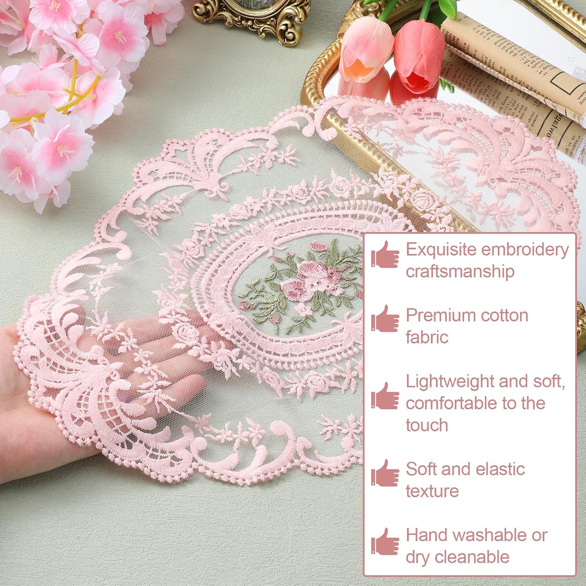 2 Pcs Retro Lace Placemats 12''x16'' Lace Doilies for Tables French Crochet Doilies Pink Oval Place Mats Cup Mat Handmade Embroidered Table Mats for Wedding Home Decor