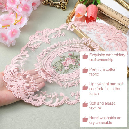 2 Pcs Retro Lace Placemats 12''x16'' Lace Doilies for Tables French Crochet Doilies Pink Oval Place Mats Cup Mat Handmade Embroidered Table Mats for Wedding Home Decor