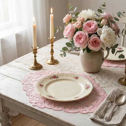 2 Pcs Retro Lace Placemats 12''x16'' Lace Doilies for Tables French Crochet Doilies Pink Oval Place Mats Cup Mat Handmade Embroidered Table Mats for Wedding Home Decor