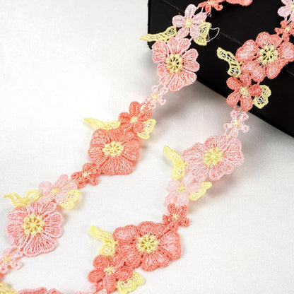 2 Yards Pink Flower Lace Trim Knitting Embroidered Ribbon Wedding Applique for DIY Sewing Craft Supplies