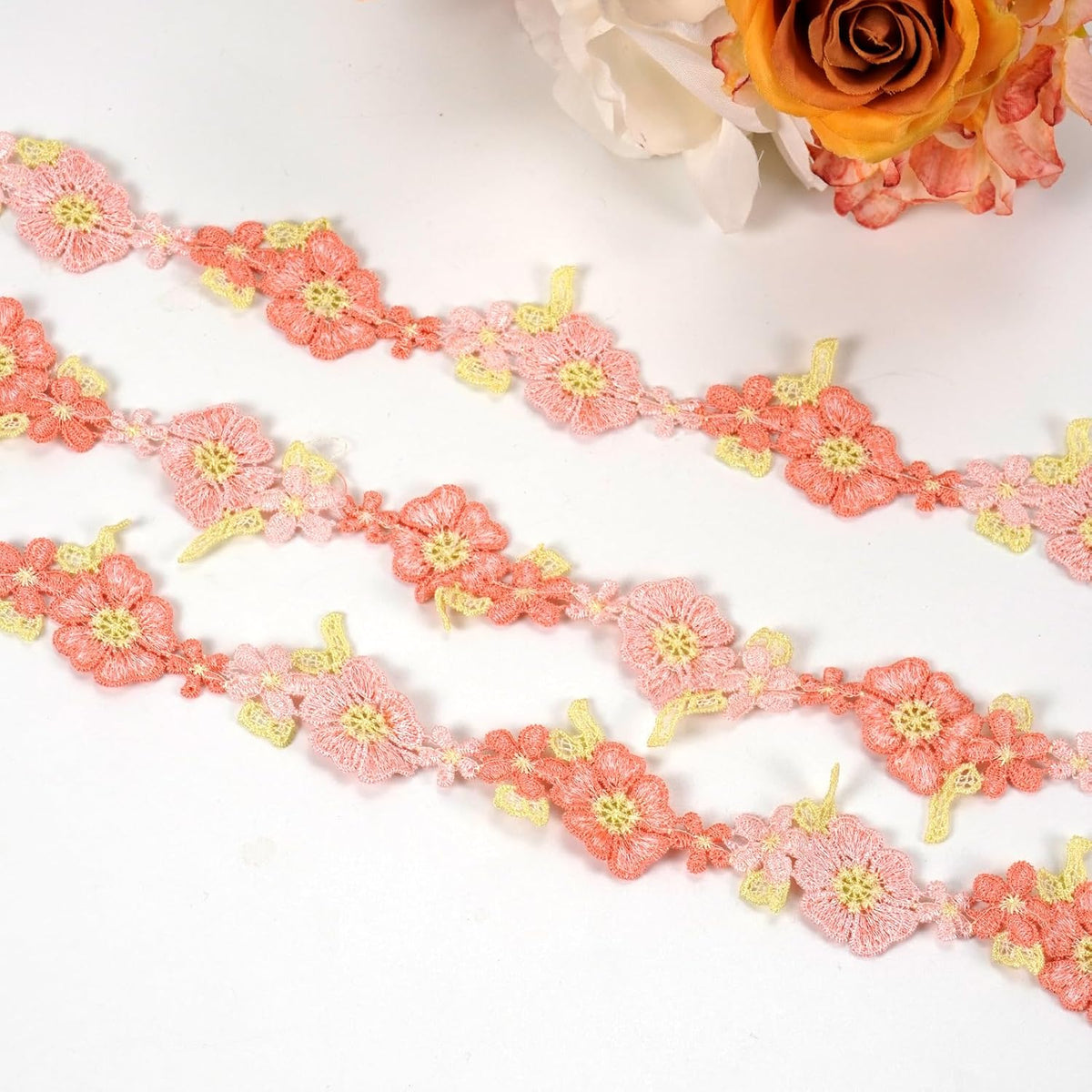 2 Yards Pink Flower Lace Trim Knitting Embroidered Ribbon Wedding Applique for DIY Sewing Craft Supplies