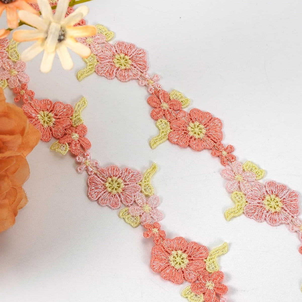 2 Yards Pink Flower Lace Trim Knitting Embroidered Ribbon Wedding Applique for DIY Sewing Craft Supplies