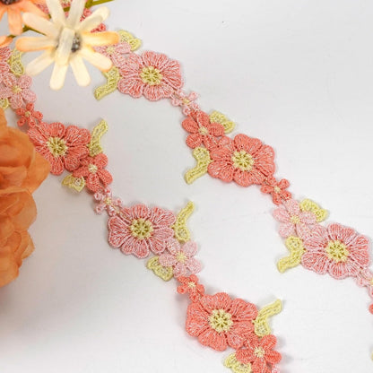 2 Yards Pink Flower Lace Trim Knitting Embroidered Ribbon Wedding Applique for DIY Sewing Craft Supplies