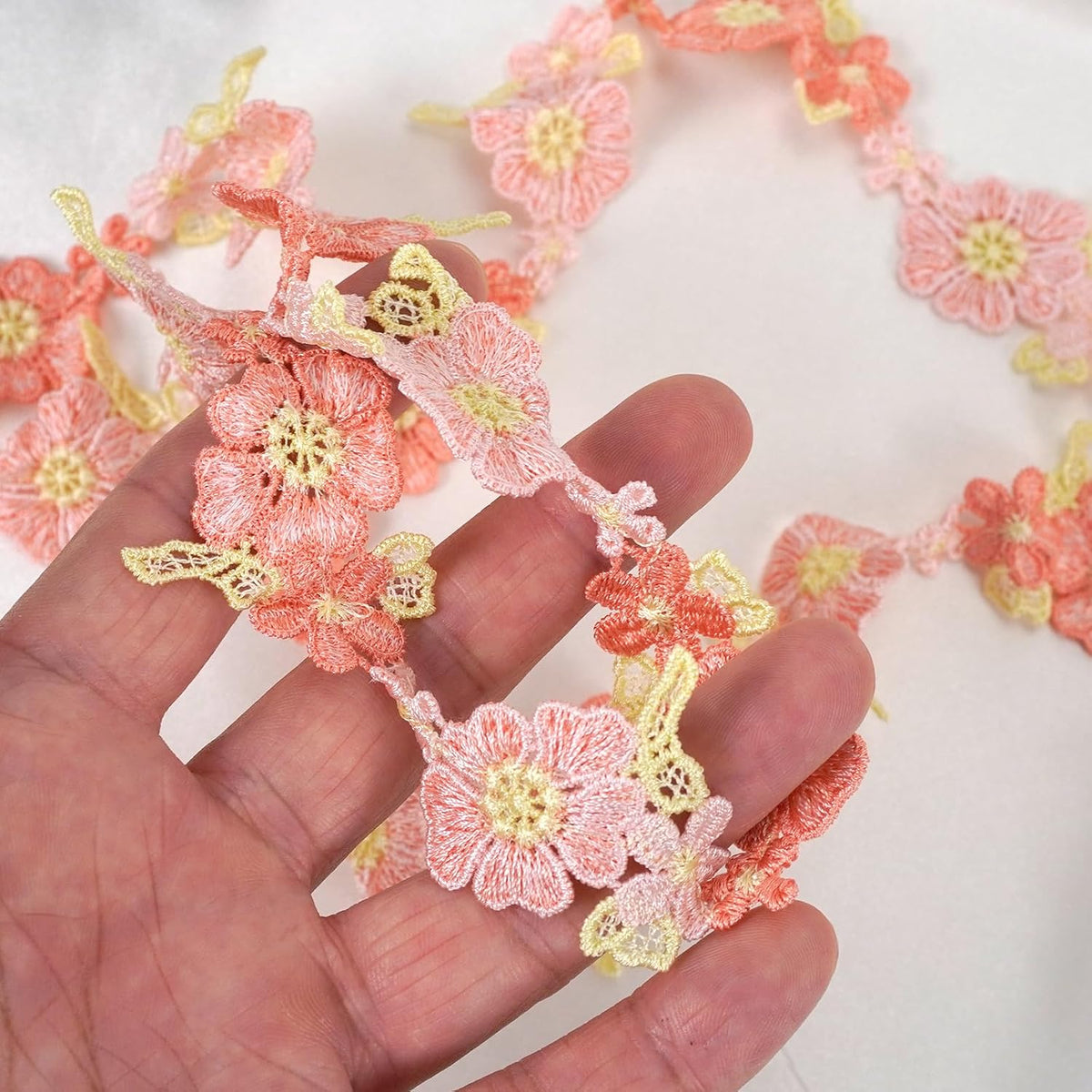 2 Yards Pink Flower Lace Trim Knitting Embroidered Ribbon Wedding Applique for DIY Sewing Craft Supplies