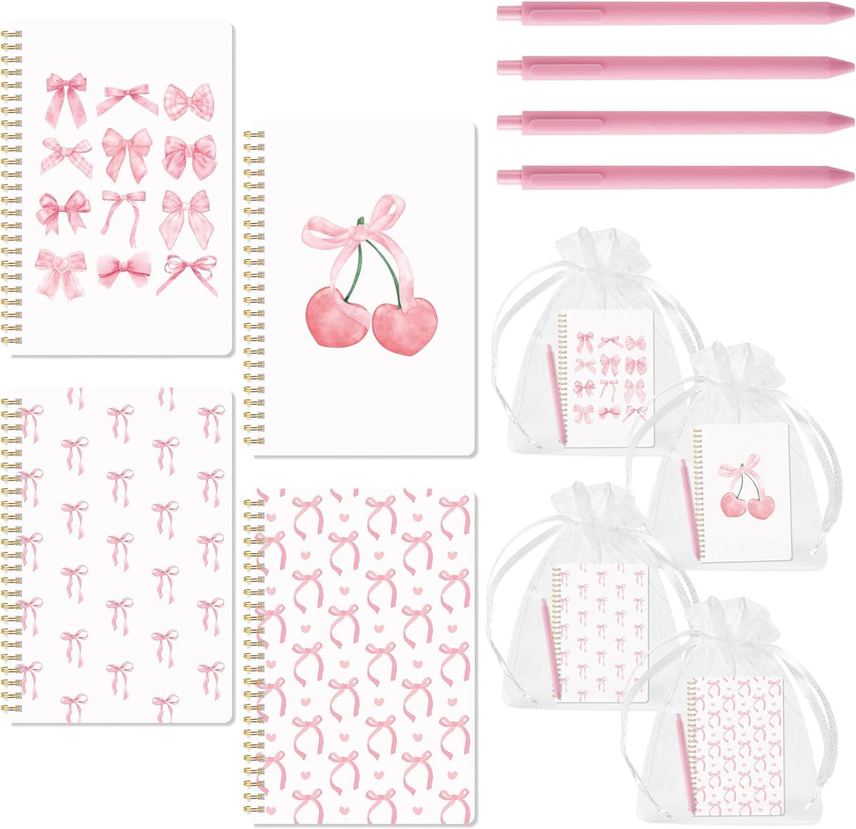 Pink Coquette Journal Notebook, 4 Sets A5 Ballpoint Pen Organza Bag