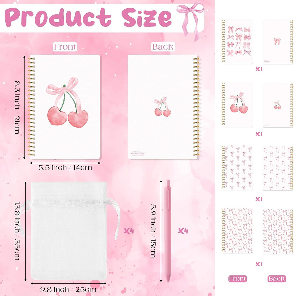 Pink Coquette Journal Notebook, 4 Sets A5 Ballpoint Pen Organza Bag