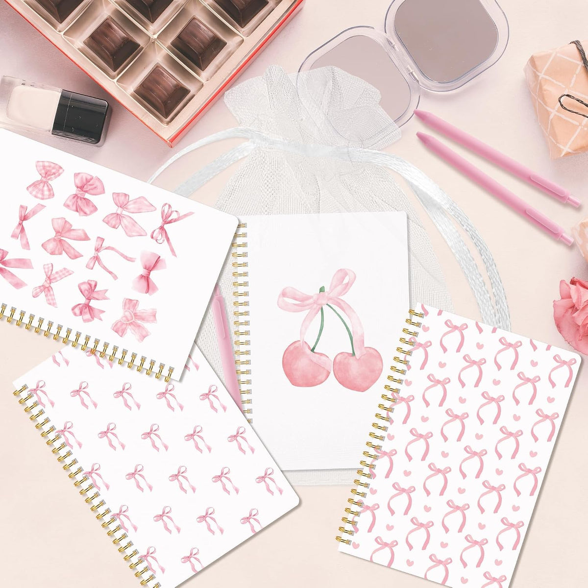 Pink Coquette Journal Notebook, 4 Sets A5 Ballpoint Pen Organza Bag