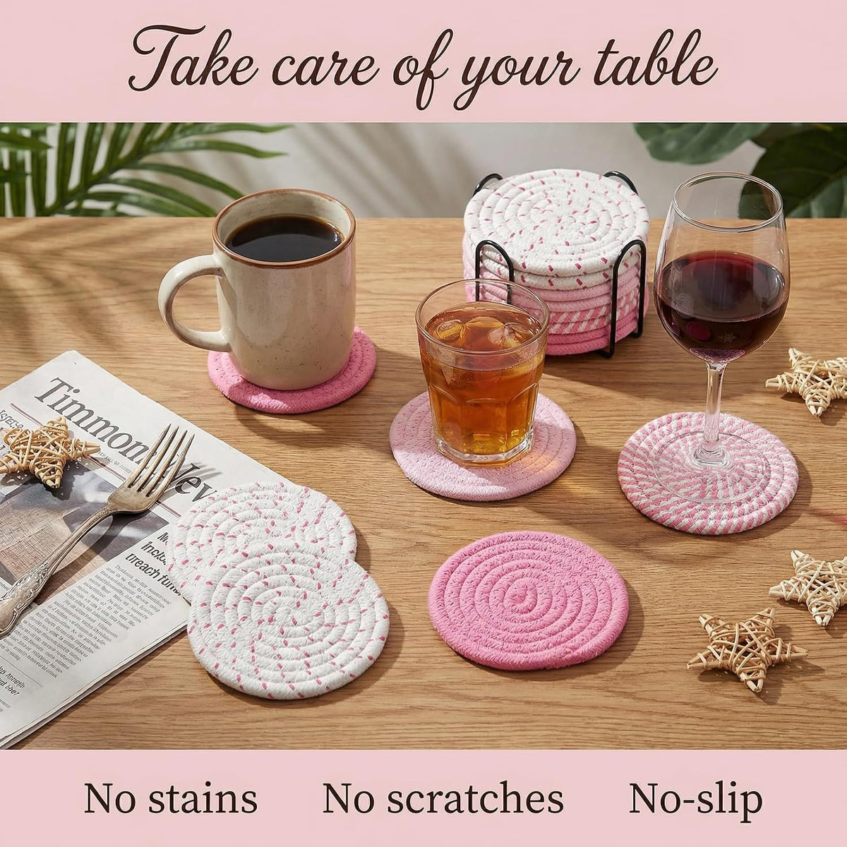Drink Coasters Set of 8 with Holder, Cotton Woven,Pink