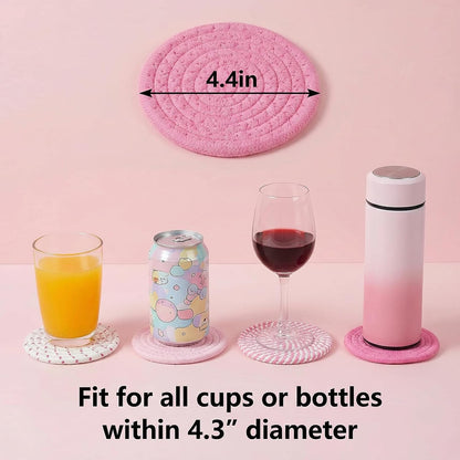 Drink Coasters Set of 8 with Holder, Cotton Woven,Pink