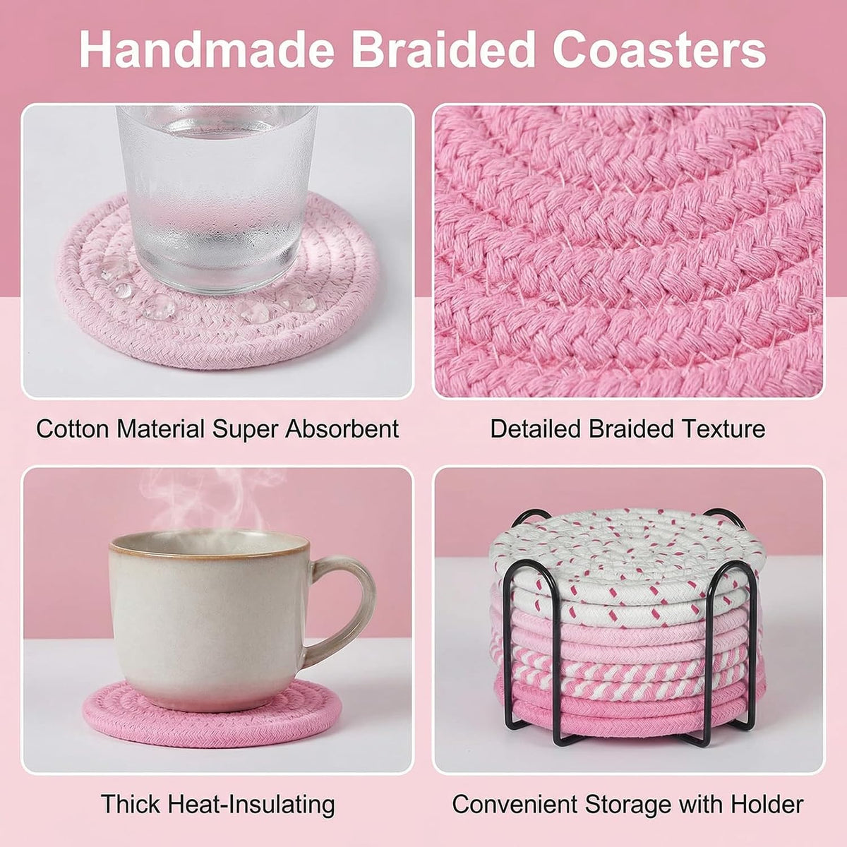 Drink Coasters Set of 8 with Holder, Cotton Woven,Pink