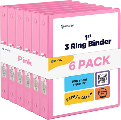 1 Inch Binder (6 Pack - Pink) 3 Ring Binder 1 inch with Clear View Cover and 2 Inside Pocket - for Letter Size 8.5 x 11'' Paper, Ideal for School Supplies, Office, and Home