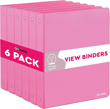 1 Inch Binder (6 Pack - Pink) 3 Ring Binder 1 inch with Clear View Cover and 2 Inside Pocket - for Letter Size 8.5 x 11'' Paper, Ideal for School Supplies, Office, and Home