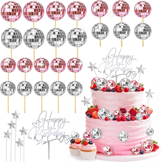 29 Pcs Disco Ball Cupcake Toppers, Pink and Silver Mirror Ball Picks