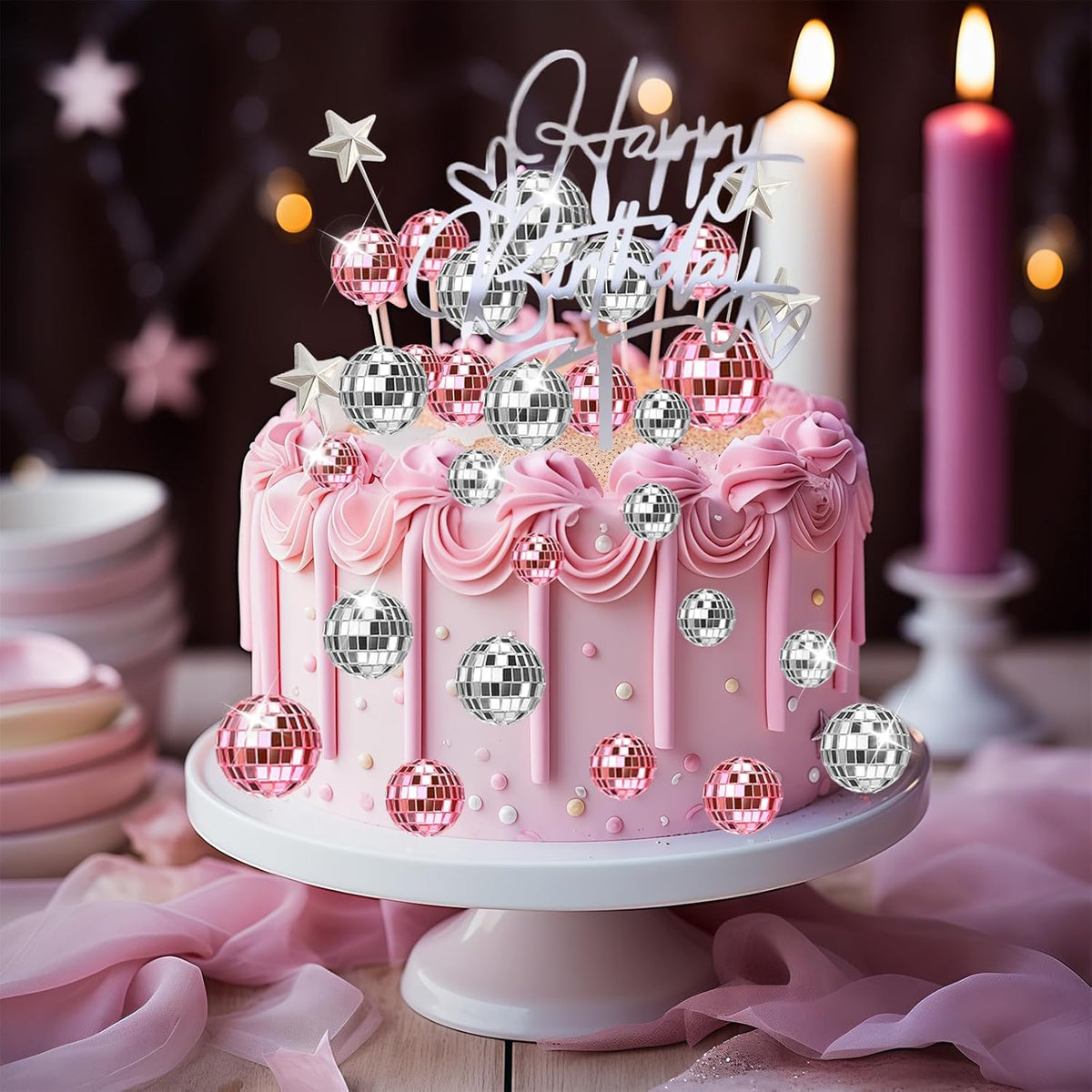 29 Pcs Disco Ball Cupcake Toppers, Pink and Silver Mirror Ball Picks