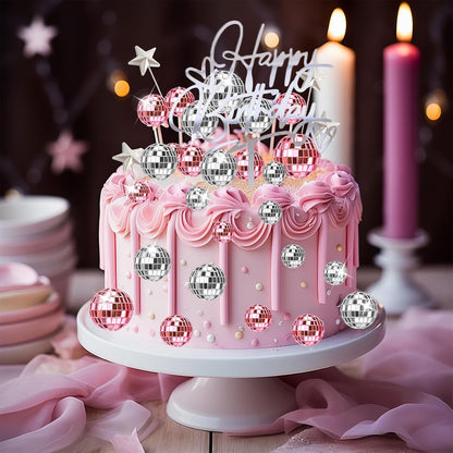 29 Pcs Disco Ball Cupcake Toppers, Pink and Silver Mirror Ball Picks