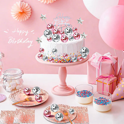 29 Pcs Disco Ball Cupcake Toppers, Pink and Silver Mirror Ball Picks