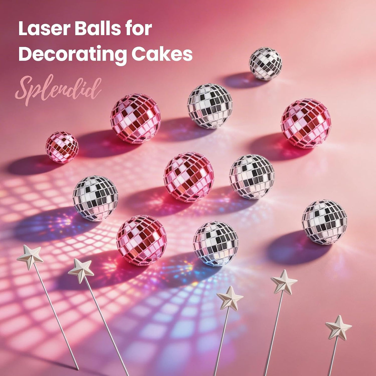 29 Pcs Disco Ball Cupcake Toppers, Pink and Silver Mirror Ball Picks