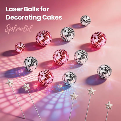 29 Pcs Disco Ball Cupcake Toppers, Pink and Silver Mirror Ball Picks