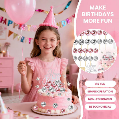 29 Pcs Disco Ball Cupcake Toppers, Pink and Silver Mirror Ball Picks