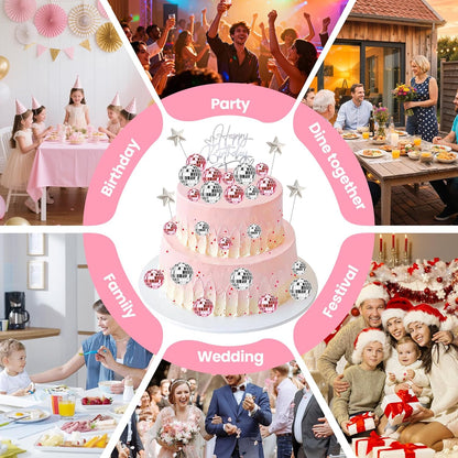 29 Pcs Disco Ball Cupcake Toppers, Pink and Silver Mirror Ball Picks
