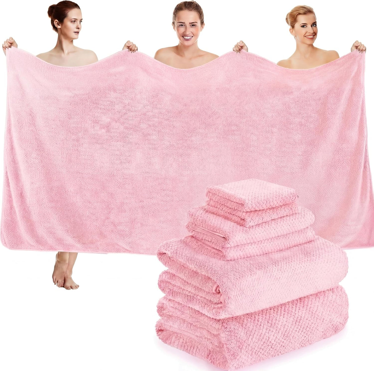 6 Pcs Bath Towel Set, Oversized Bath Sheet for Adults, Pink