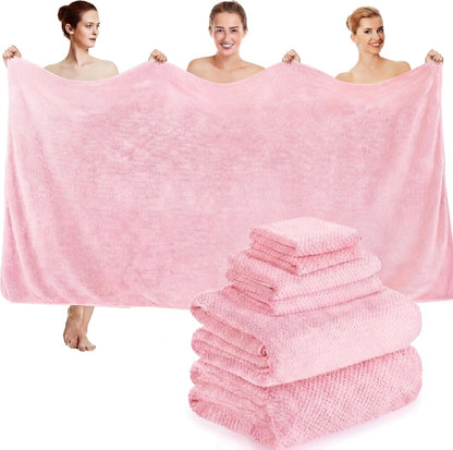 6 Pcs Bath Towel Set, Oversized Bath Sheet for Adults, Pink