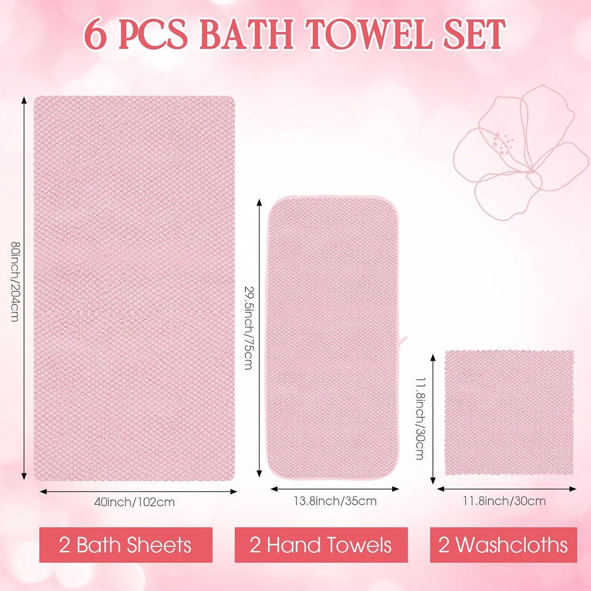 6 Pcs Bath Towel Set, Oversized Bath Sheet for Adults, Pink