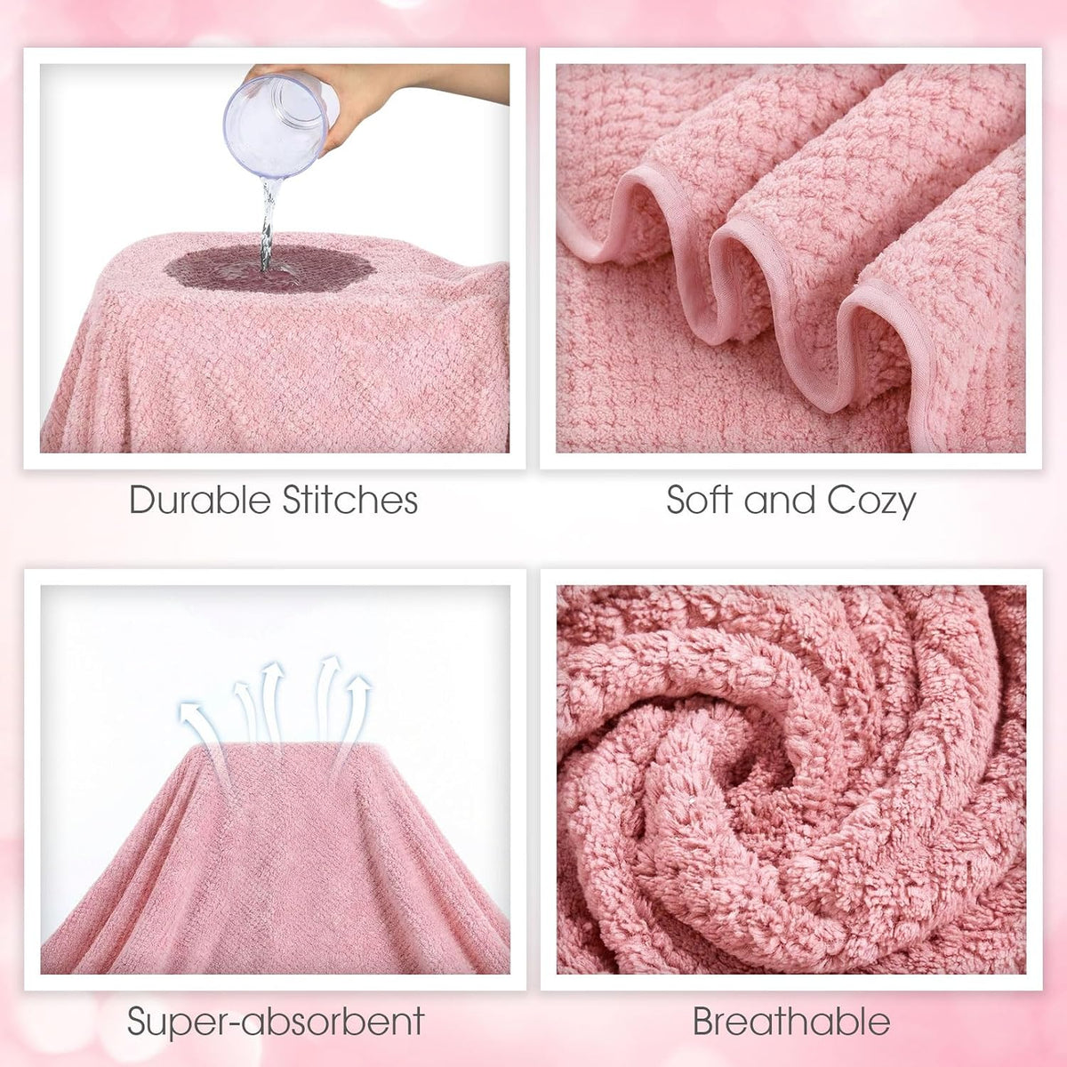 6 Pcs Bath Towel Set, Oversized Bath Sheet for Adults, Pink