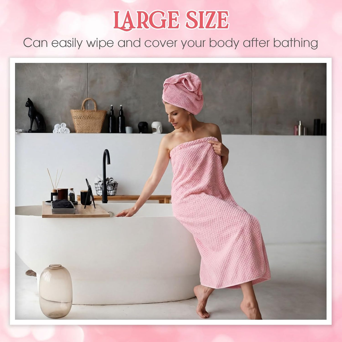 6 Pcs Bath Towel Set, Oversized Bath Sheet for Adults, Pink