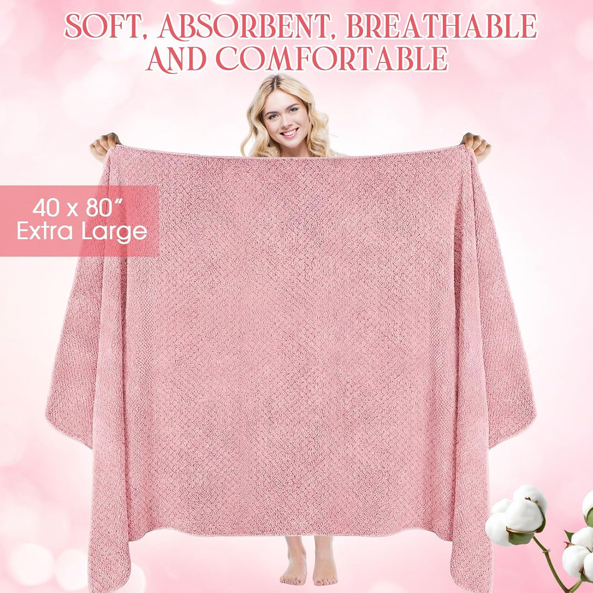 6 Pcs Bath Towel Set, Oversized Bath Sheet for Adults, Pink