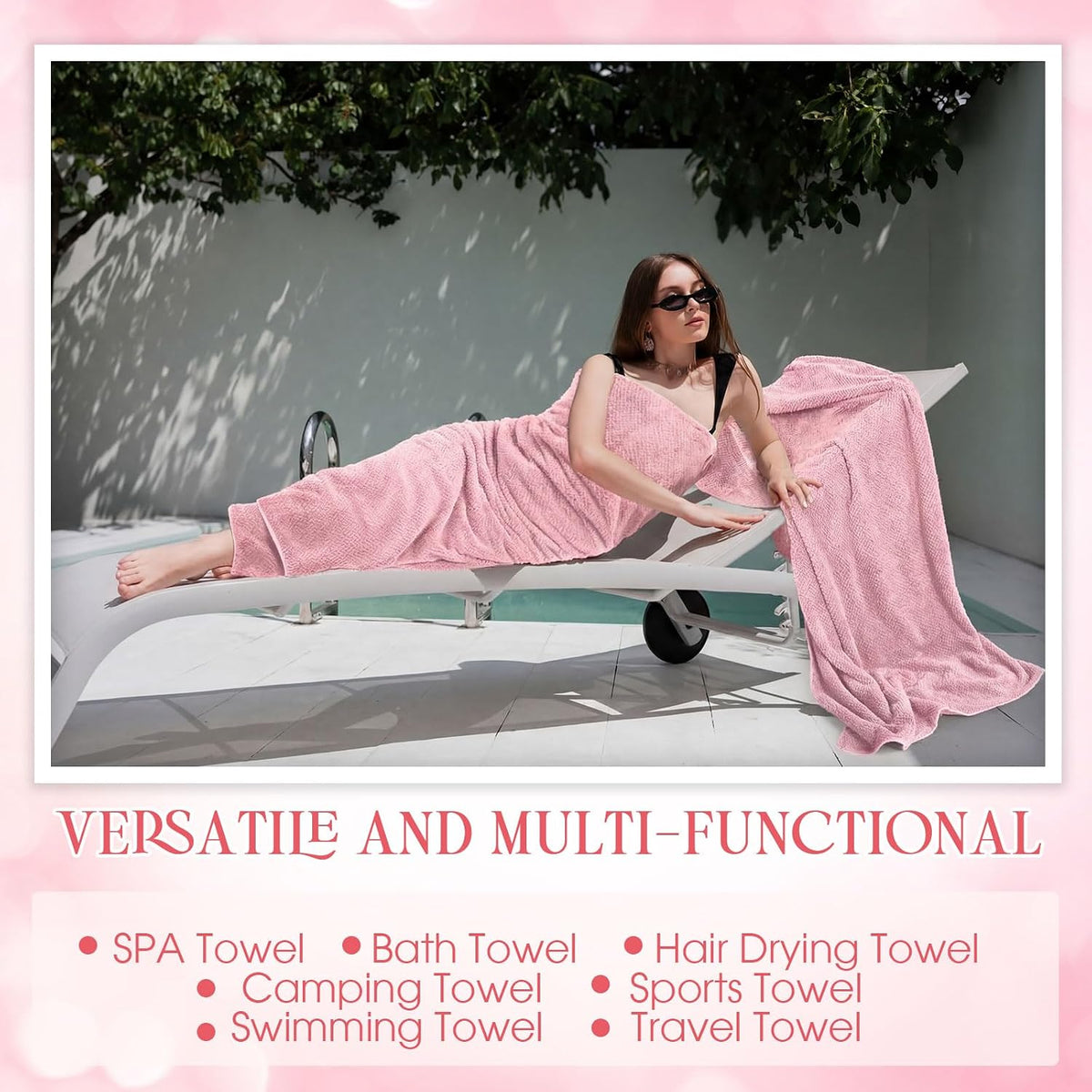 6 Pcs Bath Towel Set, Oversized Bath Sheet for Adults, Pink