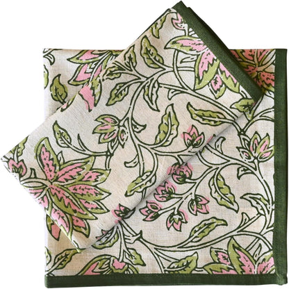 FINGERCRAFT Cloth Napkin Set of 4 Cotton Linen Blend Mitered Corner Printed Table Napkins Washable and Reusable Dinner Cloth 20x20In Summer Block Pink