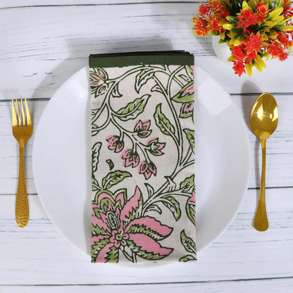 FINGERCRAFT Cloth Napkin Set of 4 Cotton Linen Blend Mitered Corner Printed Table Napkins Washable and Reusable Dinner Cloth 20x20In Summer Block Pink