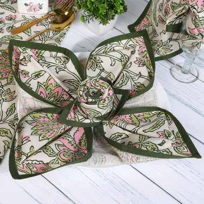 FINGERCRAFT Cloth Napkin Set of 4 Cotton Linen Blend Mitered Corner Printed Table Napkins Washable and Reusable Dinner Cloth 20x20In Summer Block Pink