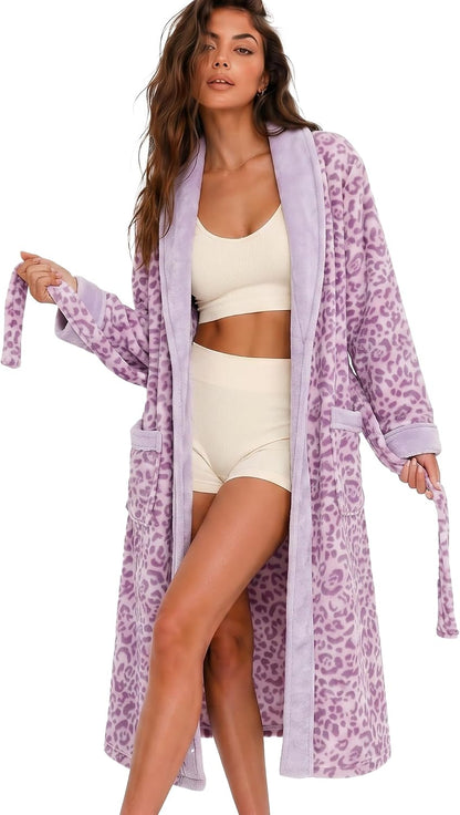 Womens Fleece Robes, Soft Plush Long Bathrobe, Comfy Robes for Womens, Warm Housecoat