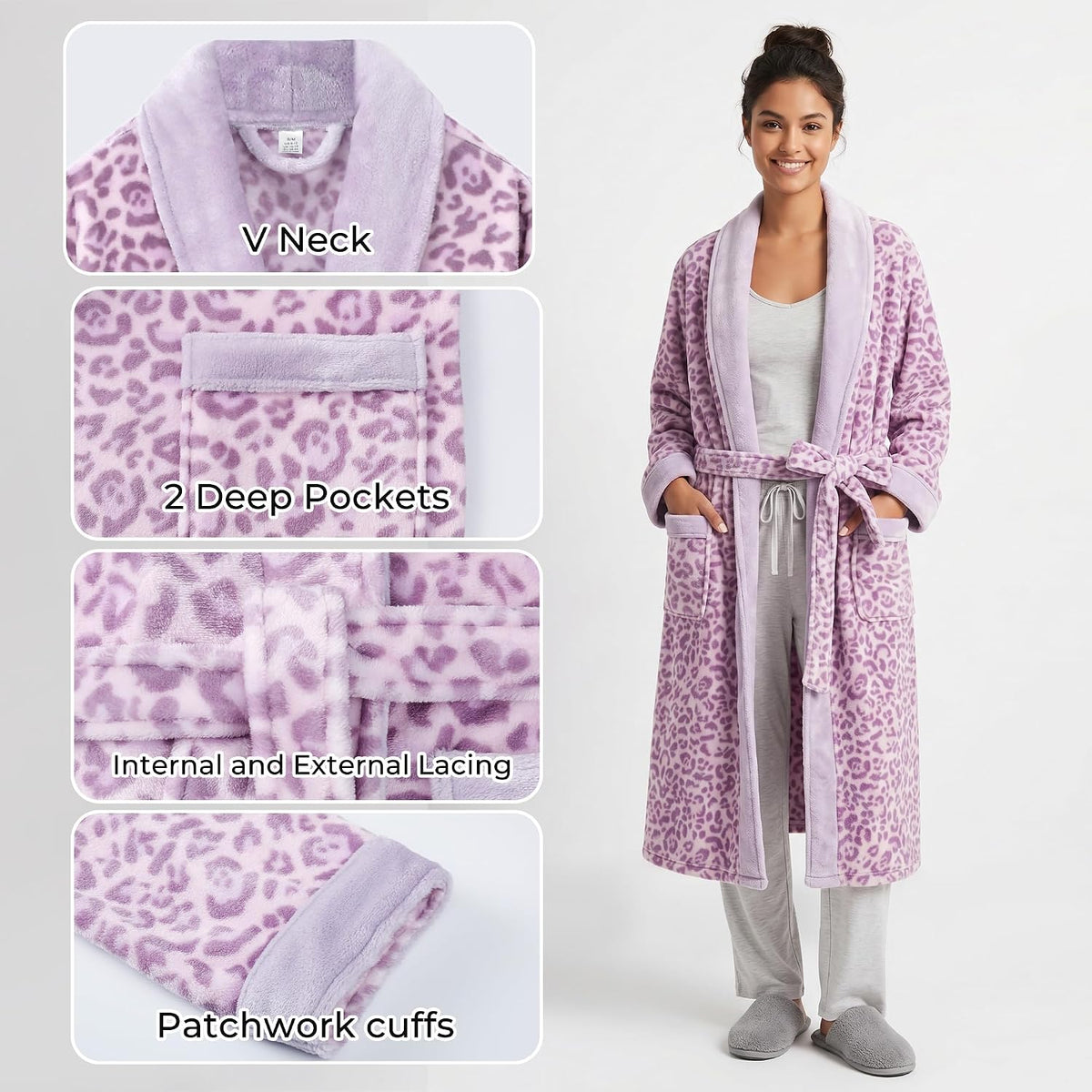 Womens Fleece Robes, Soft Plush Long Bathrobe, Comfy Robes for Womens, Warm Housecoat