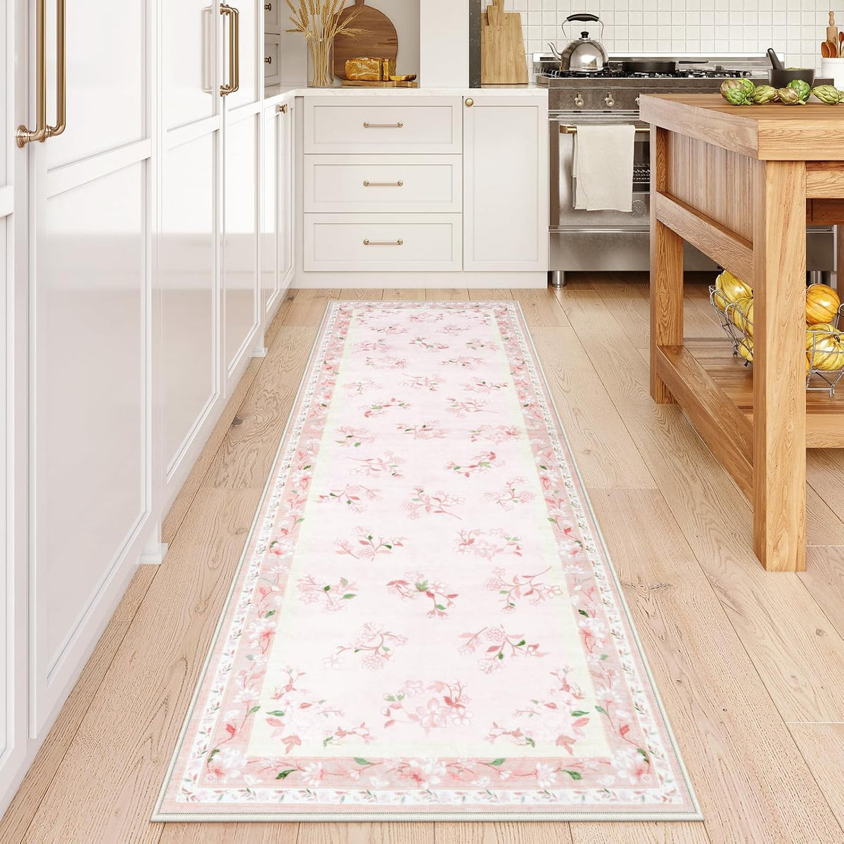 Floral Girls Rugs for Bedroom, 2 x 6 Washable Nursery Runner Rug, Non Slip Boho Pink Area Rug Soft Runners for Bathroom, Ultra Thin Flower Indoor Carpet Runner for Kitchen, Pink
