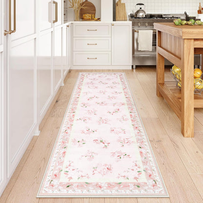 Floral Girls Rugs for Bedroom, 2 x 6 Washable Nursery Runner Rug, Non Slip Boho Pink Area Rug Soft Runners for Bathroom, Ultra Thin Flower Indoor Carpet Runner for Kitchen, Pink