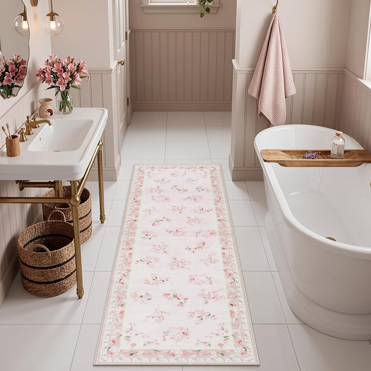 Floral Girls Rugs for Bedroom, 2 x 6 Washable Nursery Runner Rug, Non Slip Boho Pink Area Rug Soft Runners for Bathroom, Ultra Thin Flower Indoor Carpet Runner for Kitchen, Pink