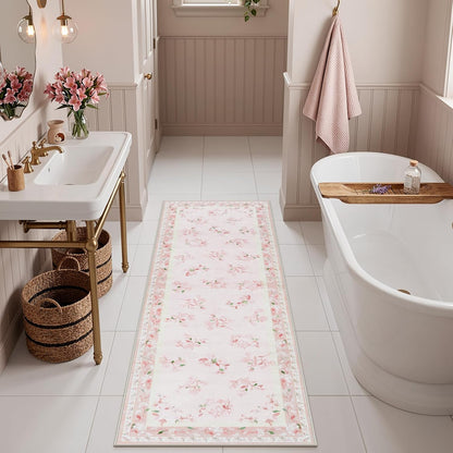 Floral Girls Rugs for Bedroom, 2 x 6 Washable Nursery Runner Rug, Non Slip Boho Pink Area Rug Soft Runners for Bathroom, Ultra Thin Flower Indoor Carpet Runner for Kitchen, Pink