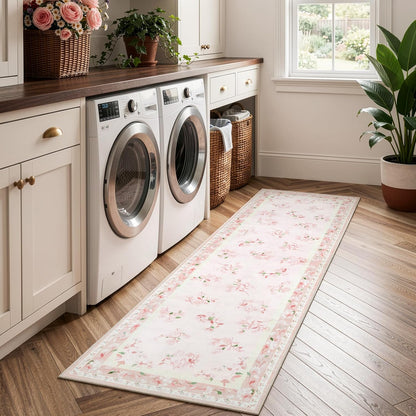 Floral Girls Rugs for Bedroom, 2 x 6 Washable Nursery Runner Rug, Non Slip Boho Pink Area Rug Soft Runners for Bathroom, Ultra Thin Flower Indoor Carpet Runner for Kitchen, Pink