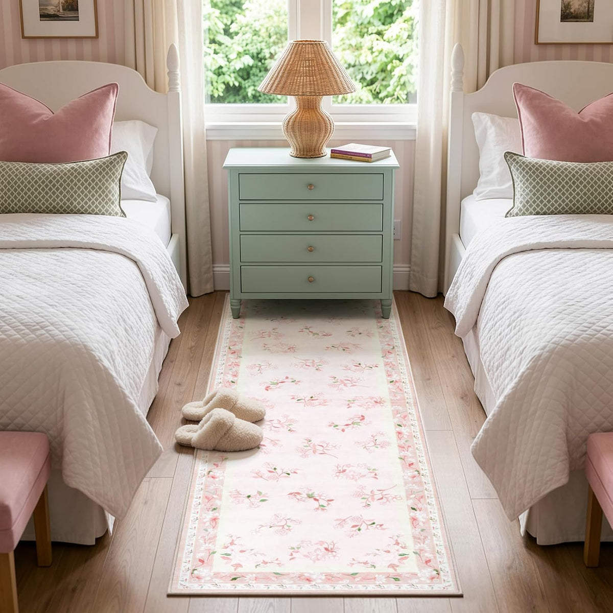 Floral Girls Rugs for Bedroom, 2 x 6 Washable Nursery Runner Rug, Non Slip Boho Pink Area Rug Soft Runners for Bathroom, Ultra Thin Flower Indoor Carpet Runner for Kitchen, Pink