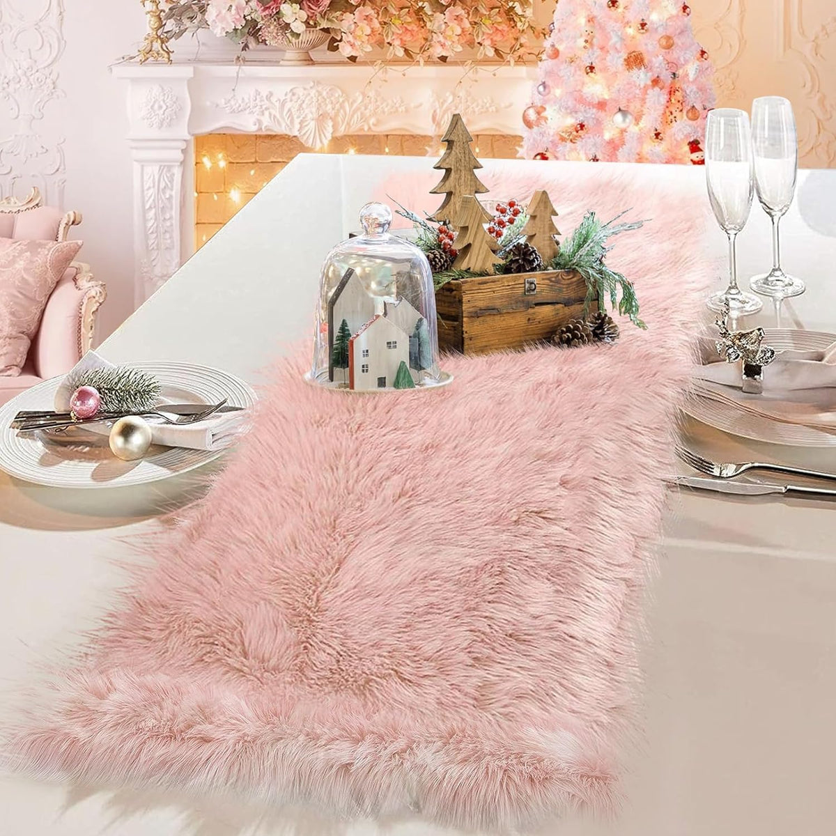 Blush Pink Pastel Table Runner 72 inches, Fluffy Faux Fur Dresser Runners