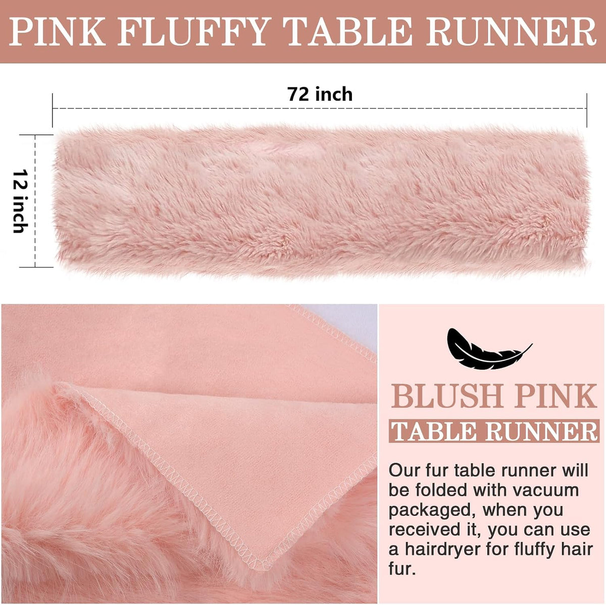 Blush Pink Pastel Table Runner 72 inches, Fluffy Faux Fur Dresser Runners