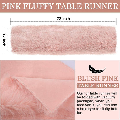 Blush Pink Pastel Table Runner 72 inches, Fluffy Faux Fur Dresser Runners