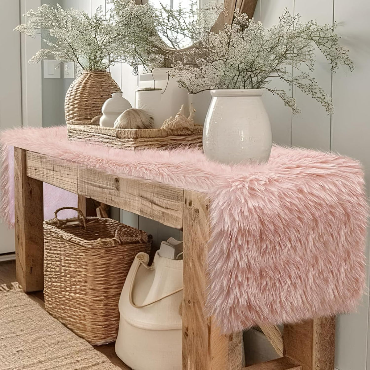 Blush Pink Pastel Table Runner 72 inches, Fluffy Faux Fur Dresser Runners