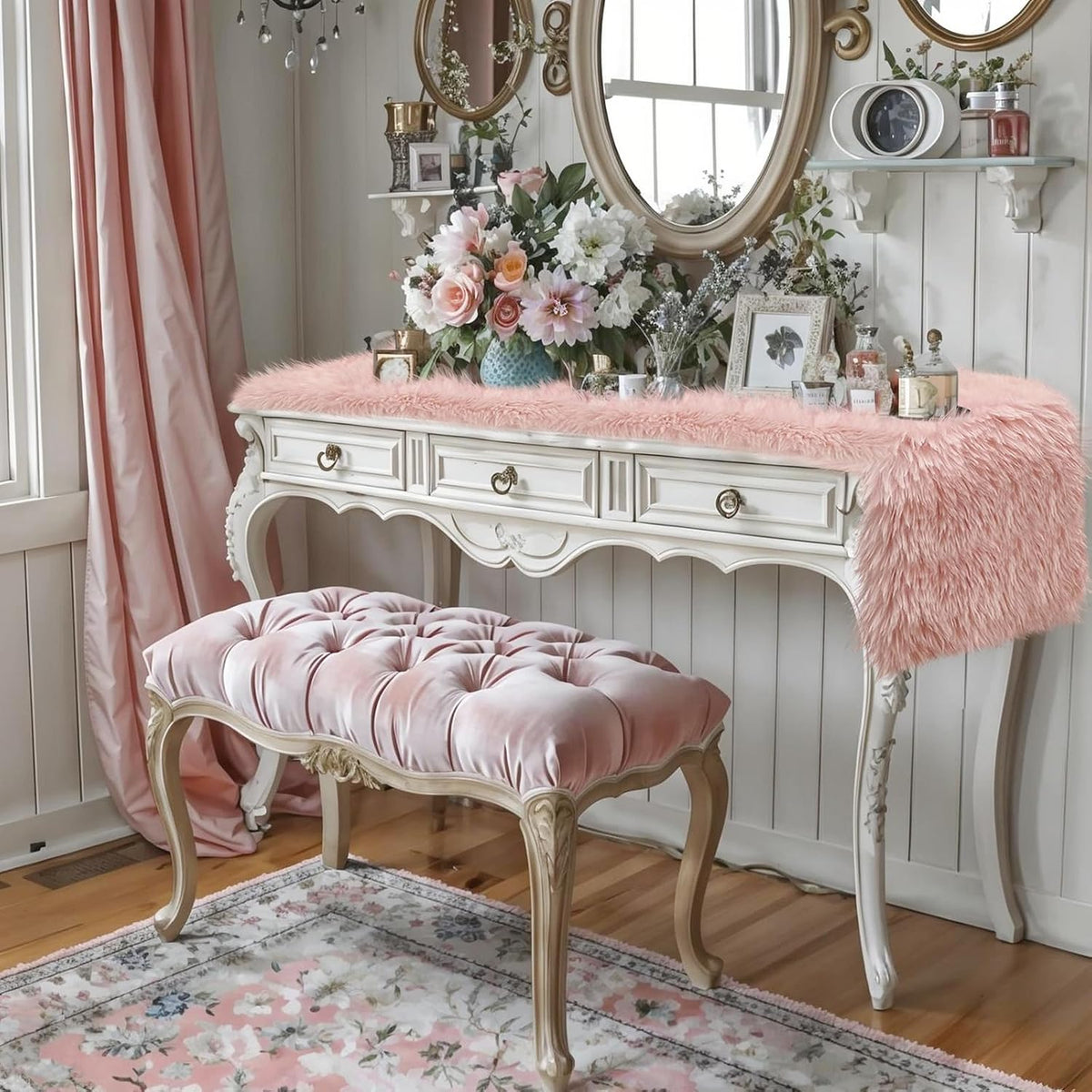 Blush Pink Pastel Table Runner 72 inches, Fluffy Faux Fur Dresser Runners