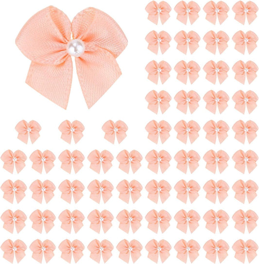 Meseey 60pcs Mini Pastel Peach Satin Ribbon Bows with Pearl 1 Inch Colored Craft Bows Flowers Appliques DIY Craft for Sewing,Scrapbooking,Wedding,Gift,Christmas Decoration (Peach)