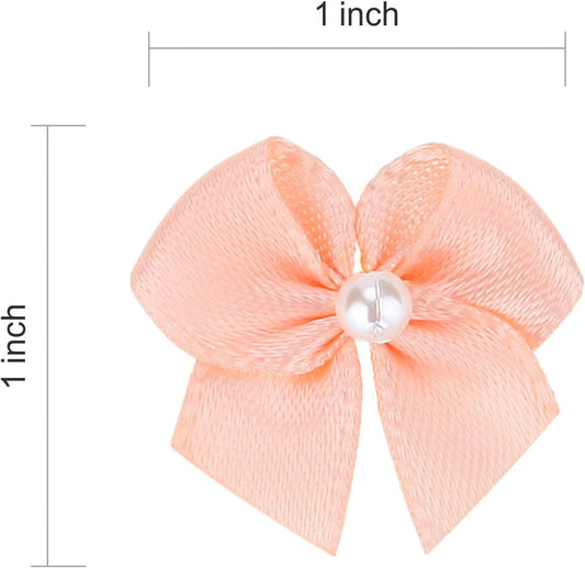 Meseey 60pcs Mini Pastel Peach Satin Ribbon Bows with Pearl 1 Inch Colored Craft Bows Flowers Appliques DIY Craft for Sewing,Scrapbooking,Wedding,Gift,Christmas Decoration (Peach)
