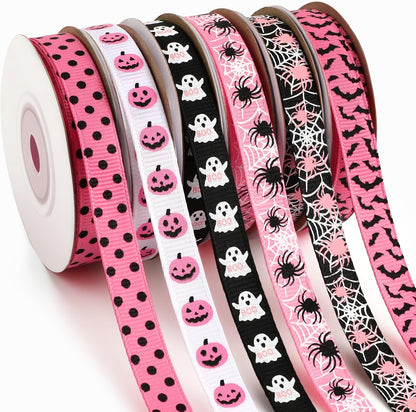 Pink Halloween Ribbon, 6 Rolls 60 Yards Spooky Grosgrain Ribbons